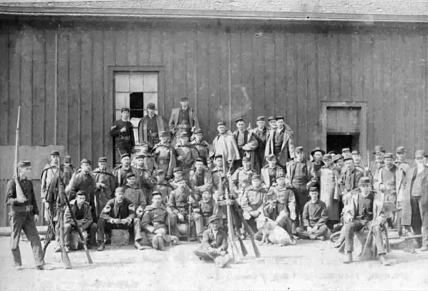 Wisconsin State Militia soldiers pose for a photo at the Bay View Rolling Mills. Just some of the ~250 soldiers who fired on marchers.